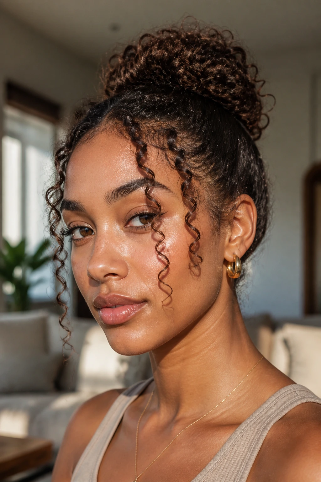 Close-up of piece-y curly tendrils framing the face on a real person