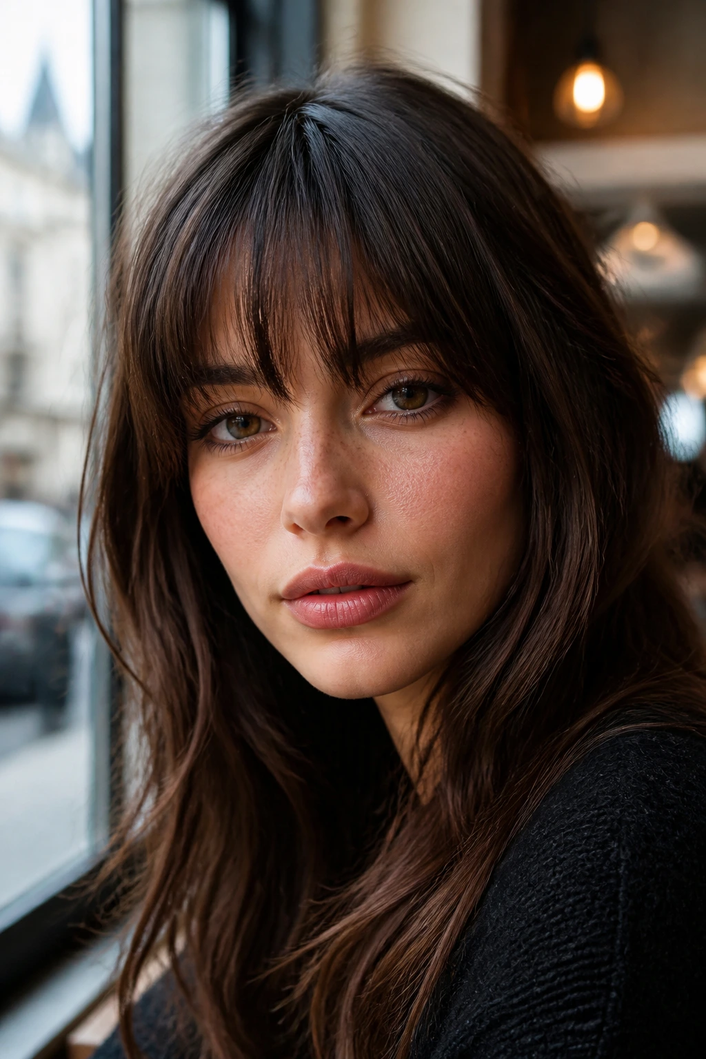 Close-up of a real person with piece-y French girl bangs at eye level