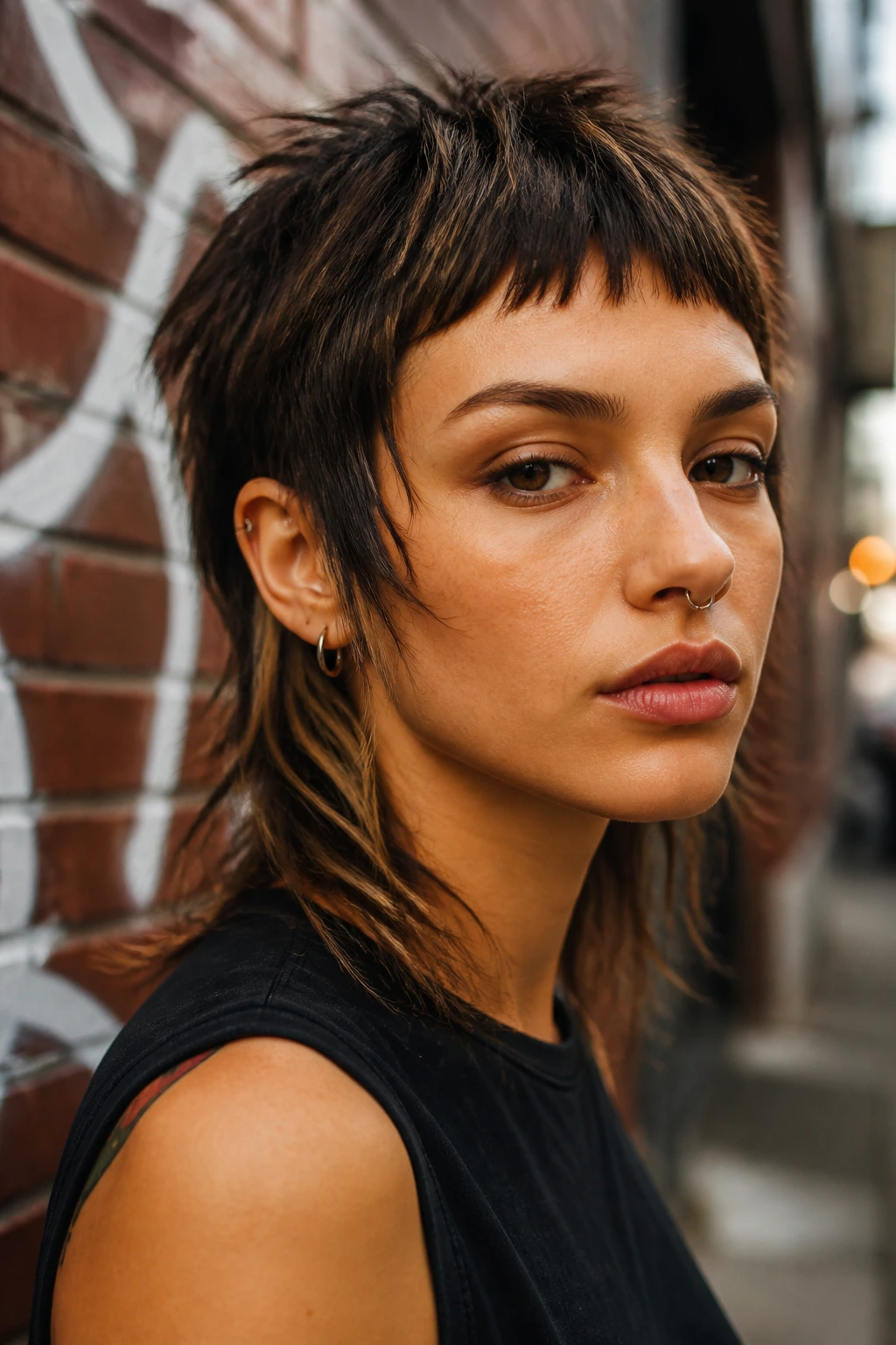Close-up of piece-y mullet-style micro fringe on a real person