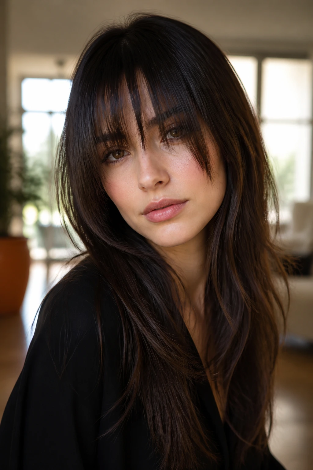 Close-up portrait of a real person with thick piece-y fringe and V-shaped long hair in sunlit living room