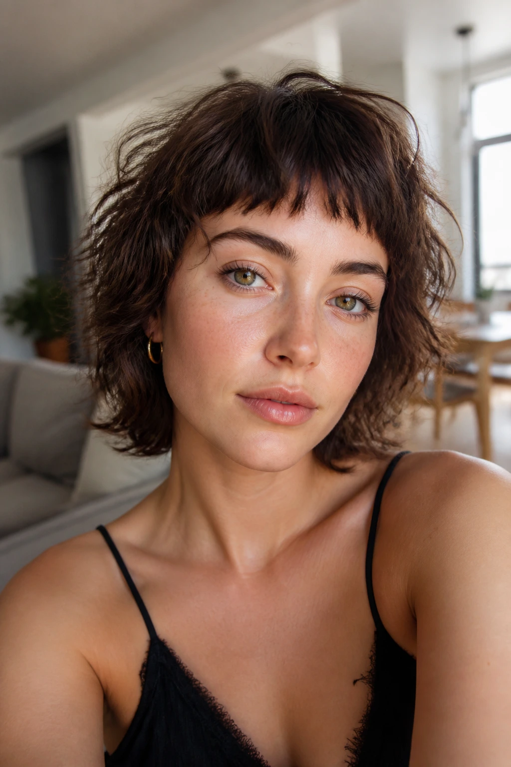 Close-up portrait of a real woman with piece-y micro-layers fringe