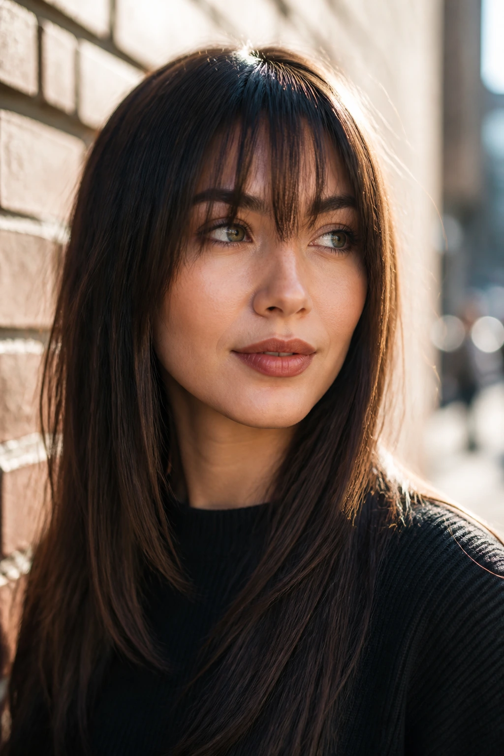 Portrait of a woman with piece-y point-cut bangs