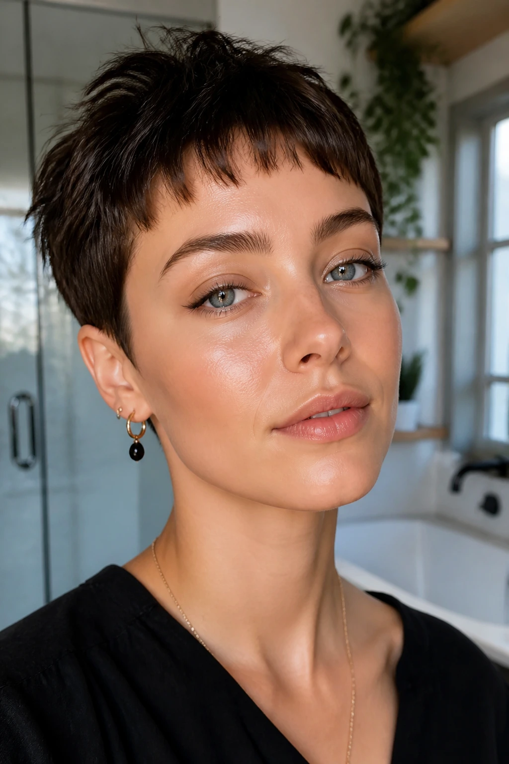 Close-up of a real person with piecey baby bangs and a textured pixie