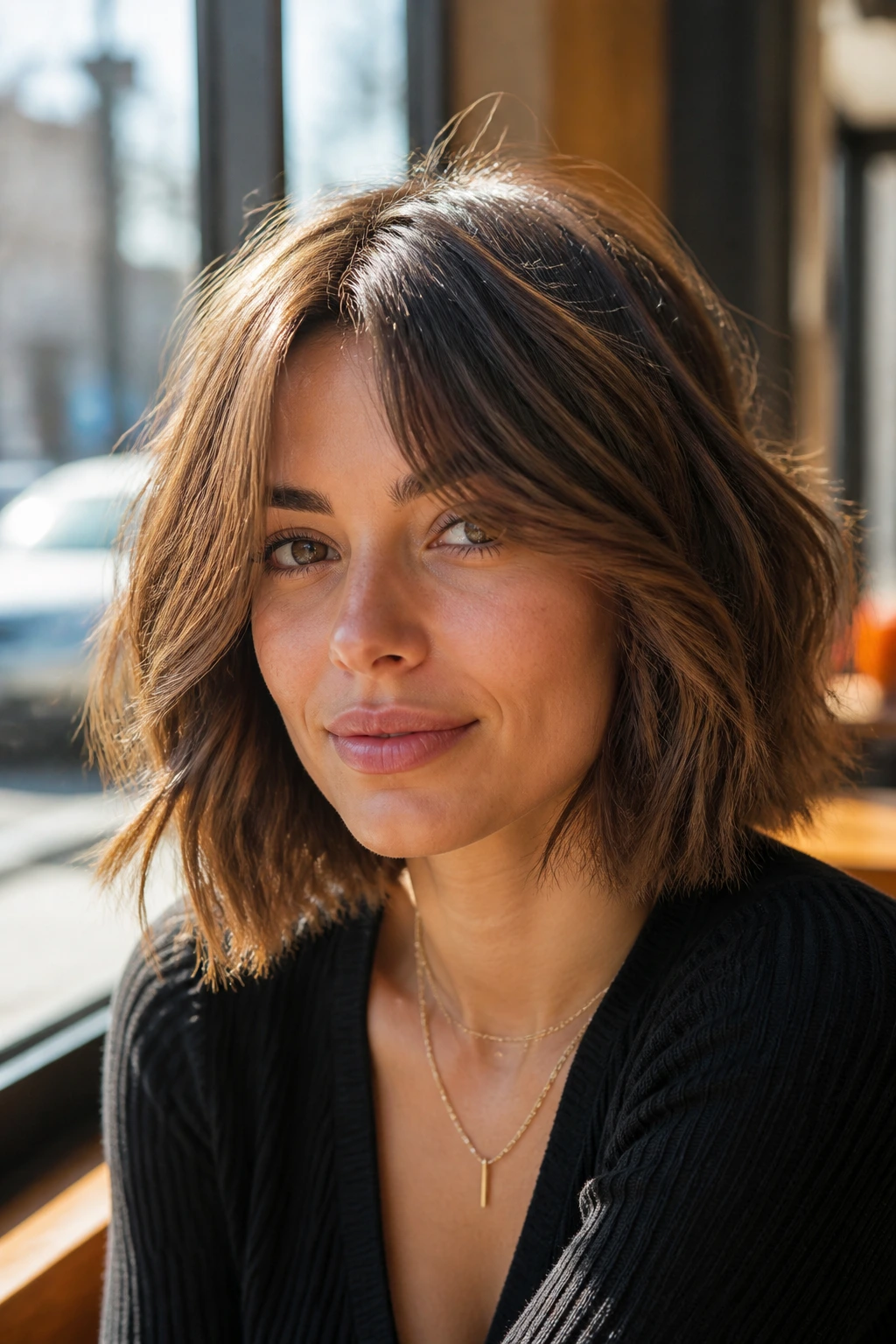 Close-up of a real woman with a piecey bob and side-swept curtain bangs at a cafe window