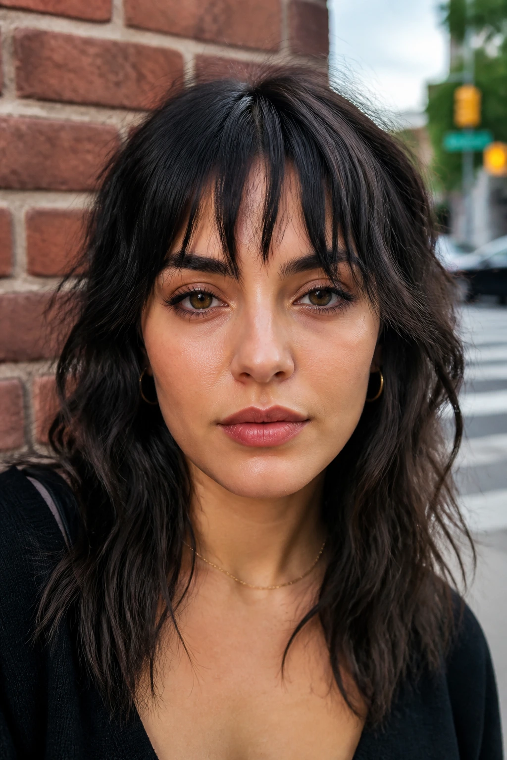 Portrait of a person with piecey choppy bangs against a brick wall