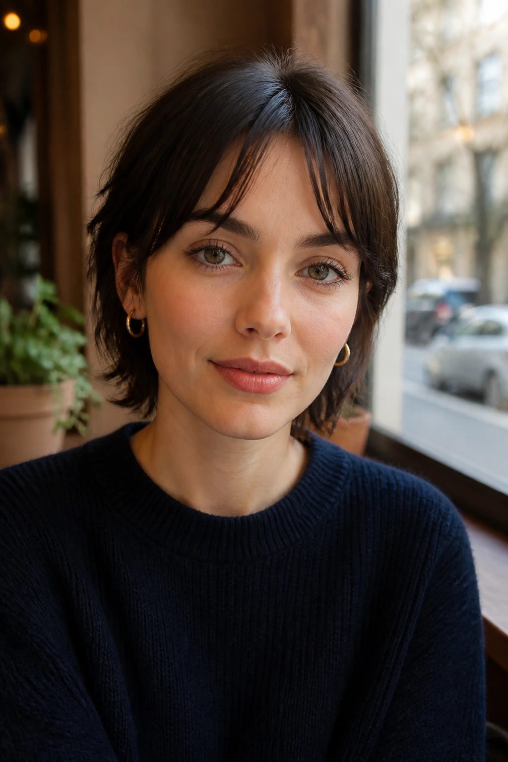 Close-up of a real woman with short curtain bangs above the brows