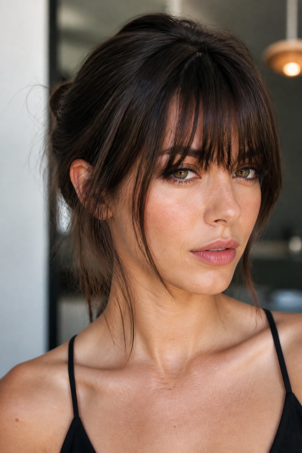 Close-up of a real woman with piecey eyelash-grazing bangs