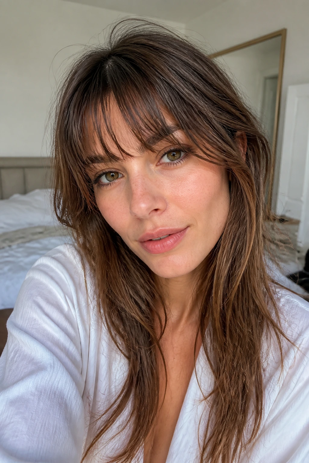 Real woman wearing piecey French girl bangs with broken-edge fringe in bright morning light.