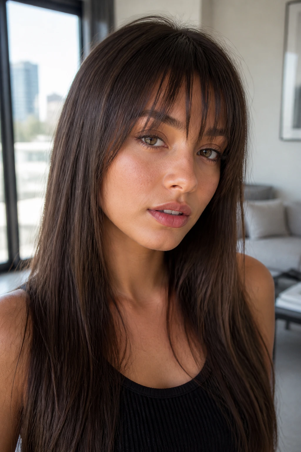 Real woman with piecey choppy fringe and long straight hair in bright living room