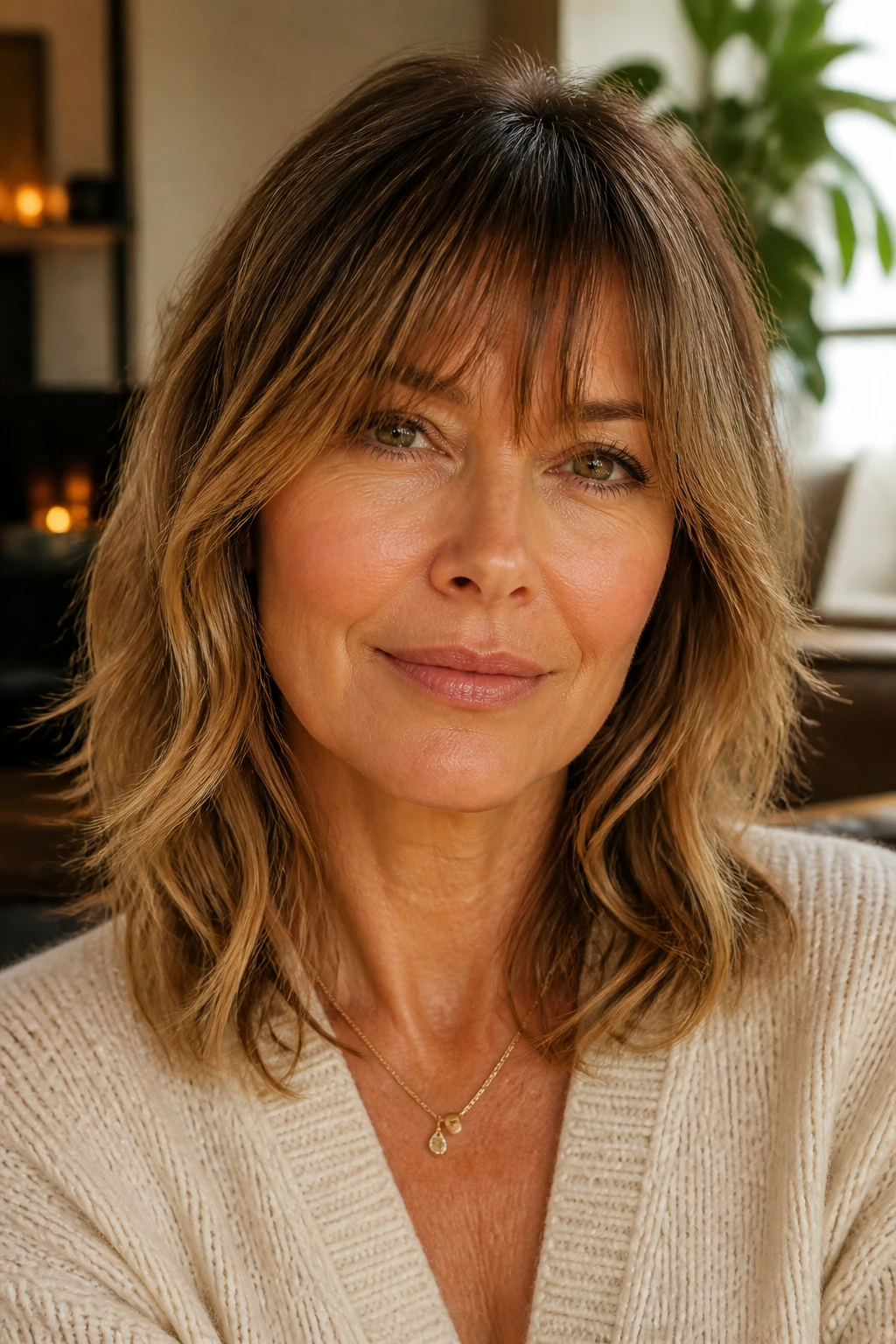 Woman with piecey textured fringe and shoulder-skimming cascades in a cozy living room