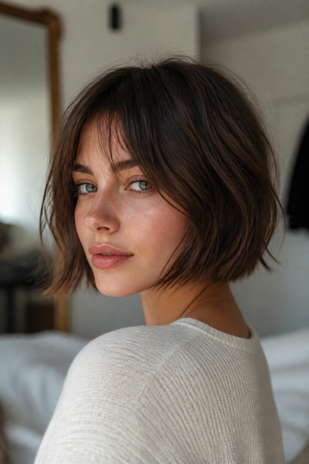 Close-up portrait of a woman with a jaw-length piecey bob in natural window light