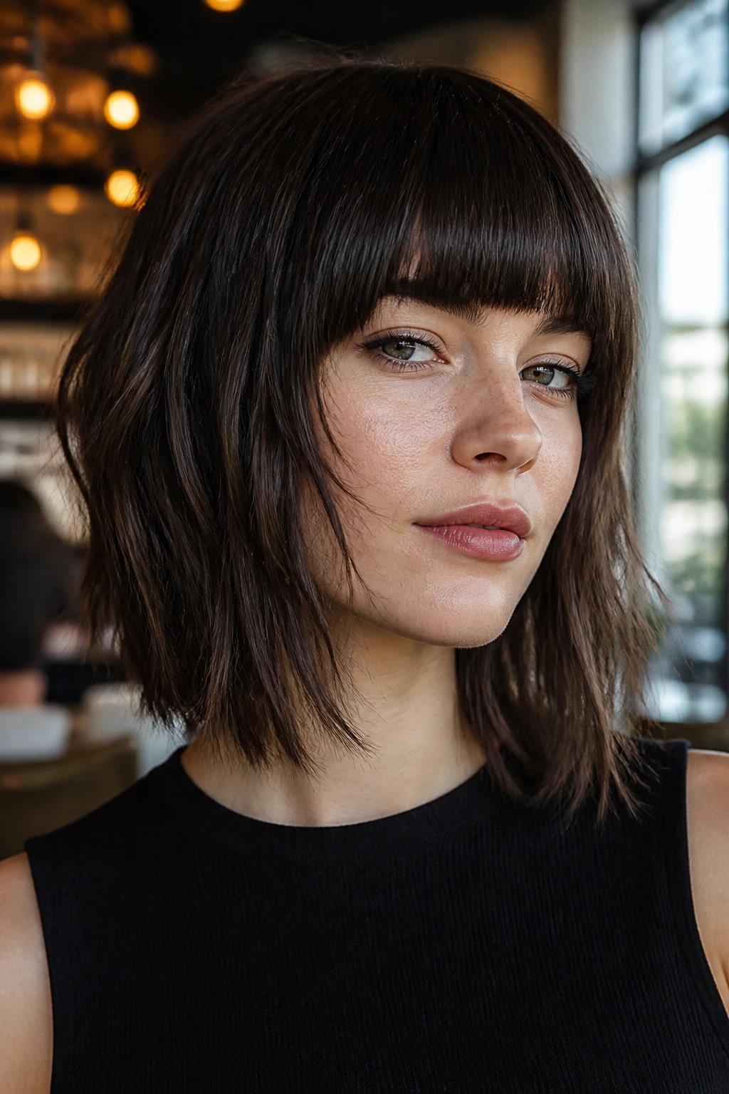 Close-up portrait of a real woman with piecey lob and blunt fringe.