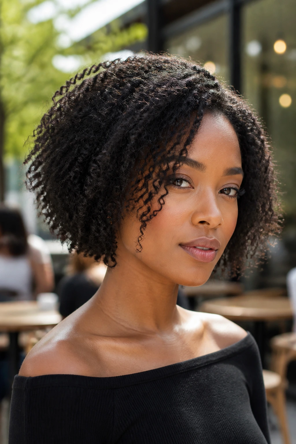 Portrait of a person with a long, piecey lob at base of neck in park light