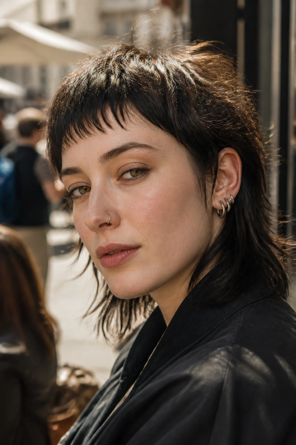 Close-up of a person with piecey shag micro bangs outdoors at a cafe