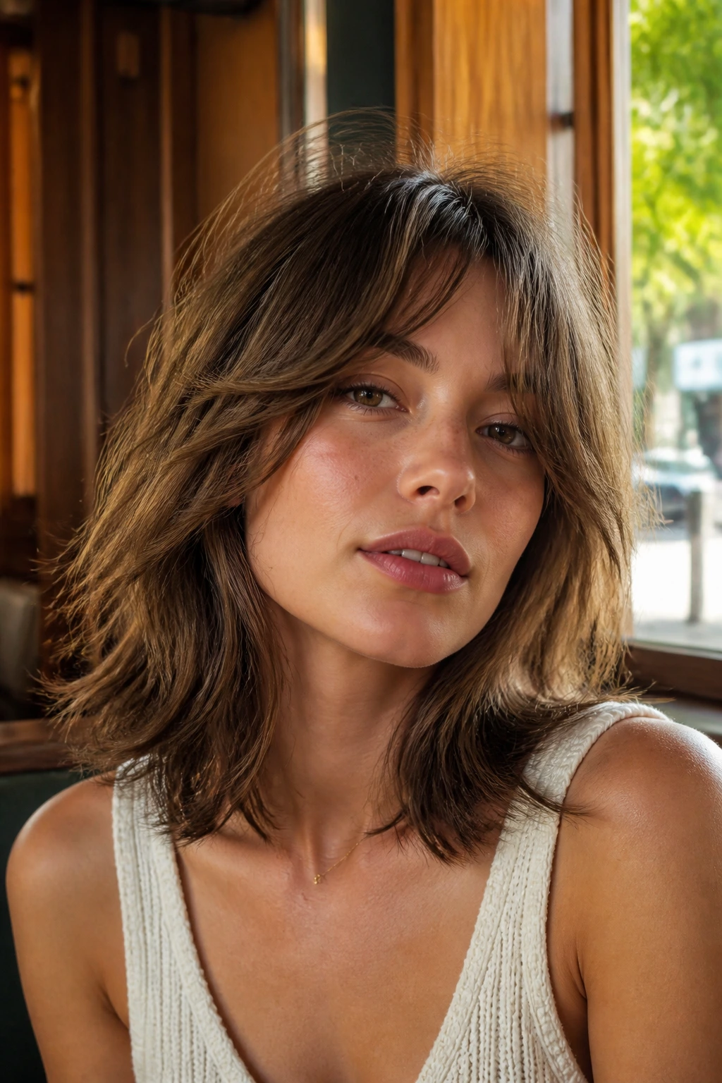 Portrait of a woman with piecey shag and curtain bangs in sunlit cafe setting