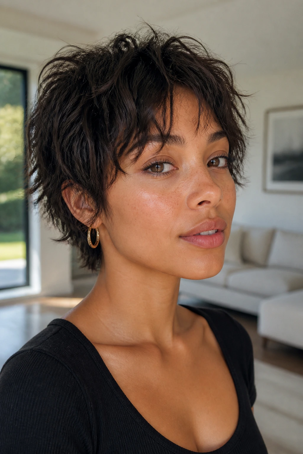 Close-up portrait of a real person with fine, wispy layers creating a light, piecey texture.