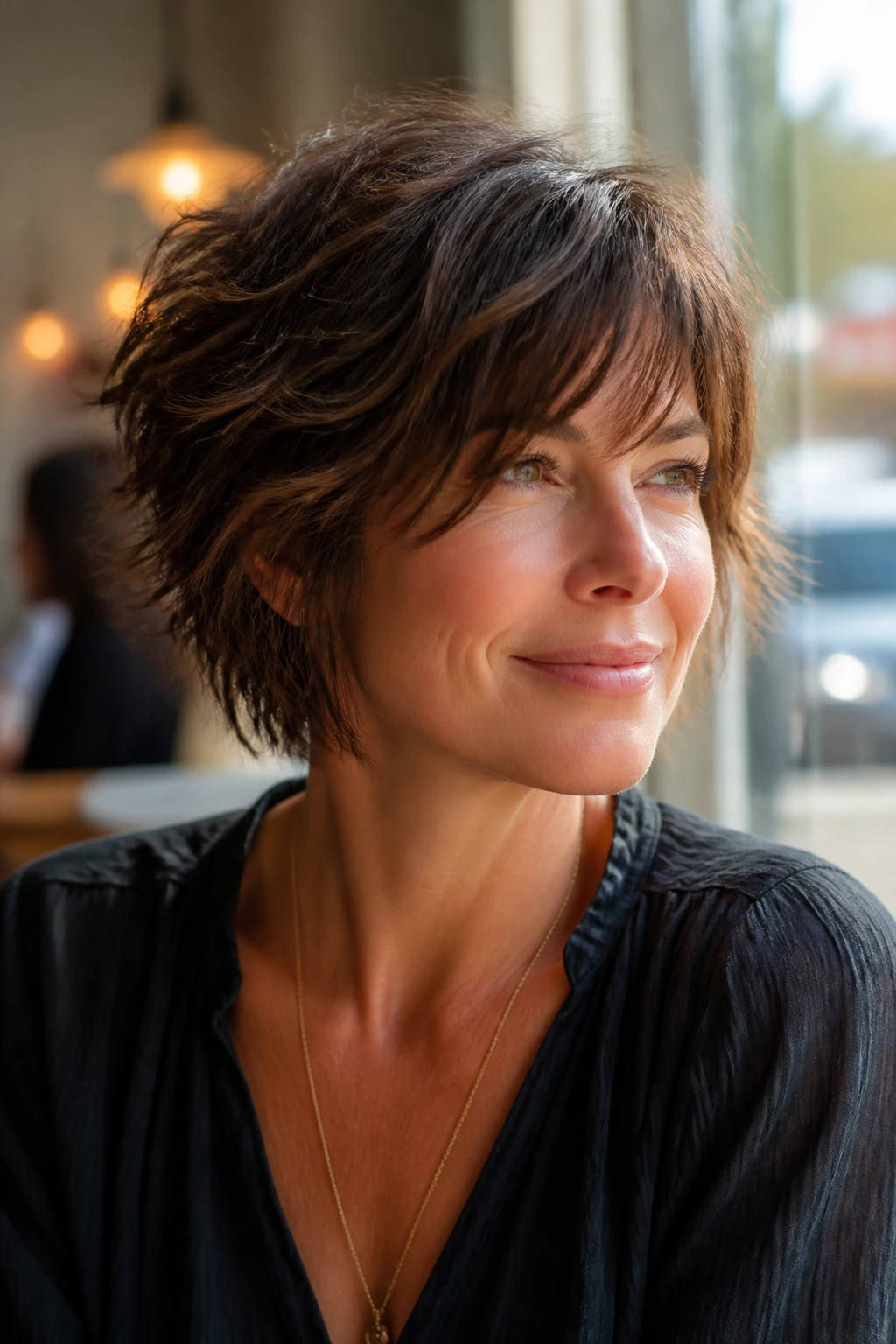 Close-up of a real woman with a piecey shaggy stacked bob at a sunlit cafe