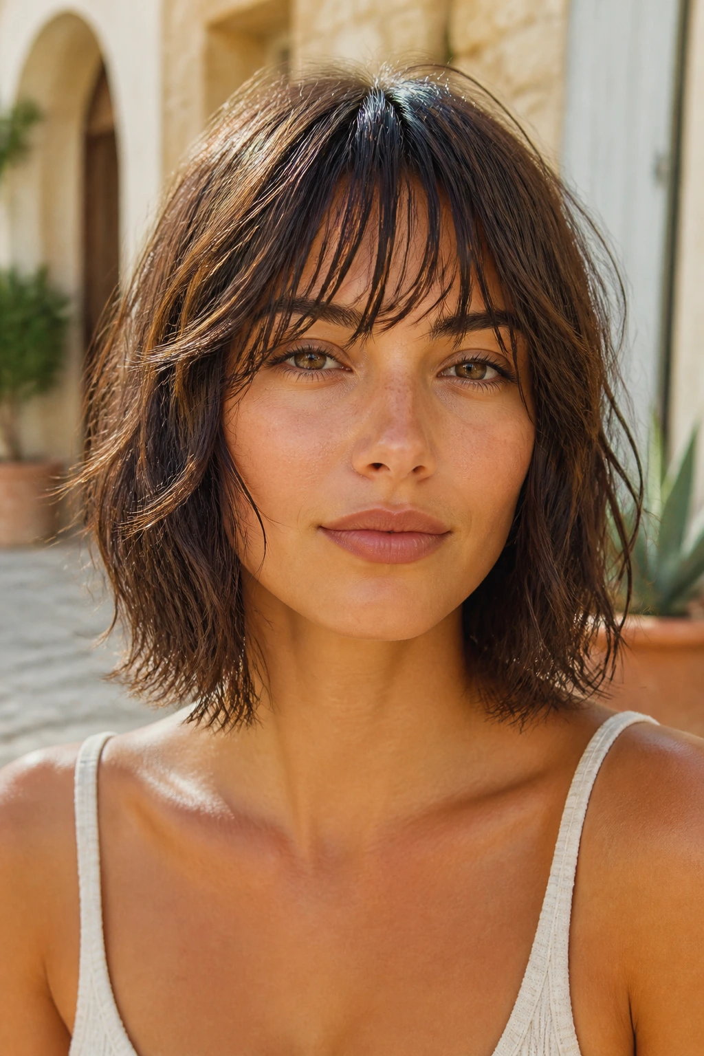 Close-up of a real woman with arc bangs in a sunlit outdoor setting.