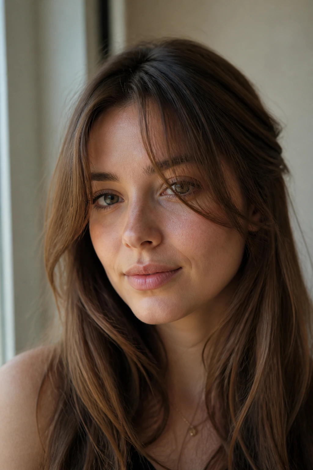 Close-up portrait of a real woman showing piecey wispy curtain bangs transitioning from a solid fringe with a center part and airy framing