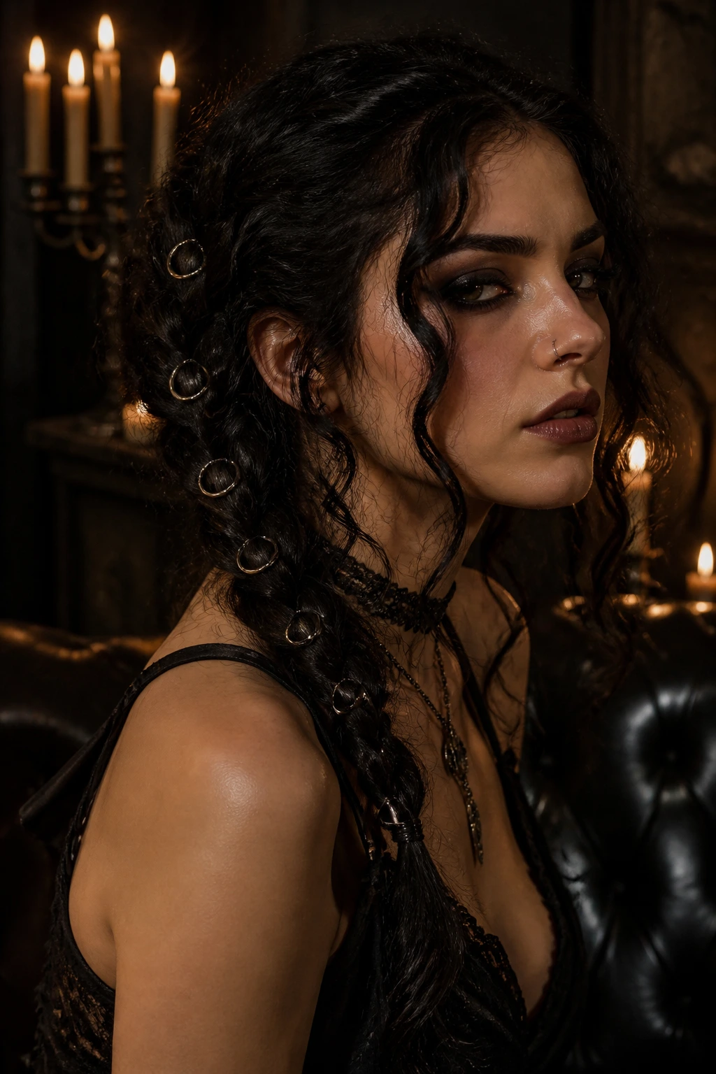 Portrait of a person with a pierced braid featuring silver hoops along the braid