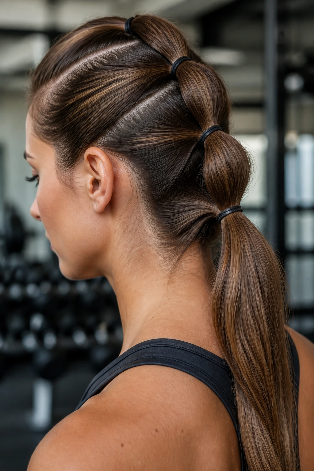 Close-up of a person with linked piggyback ponytails along the crown.