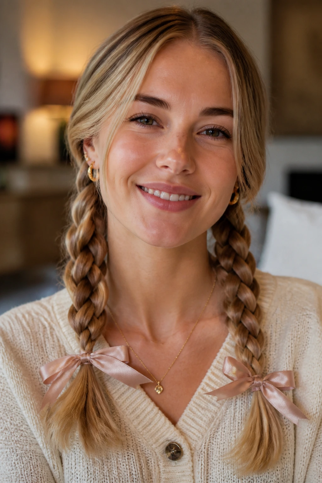 Close-up of a real woman's head with two pigtail braids tied with ribbon bows at the ends