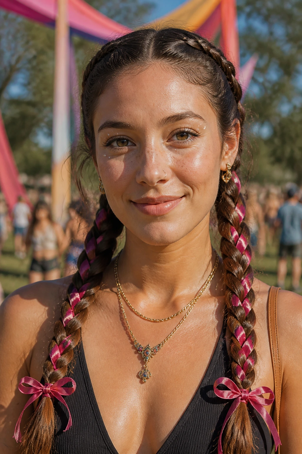 Close-up of a real person with ribbon-inlaid pigtail braids
