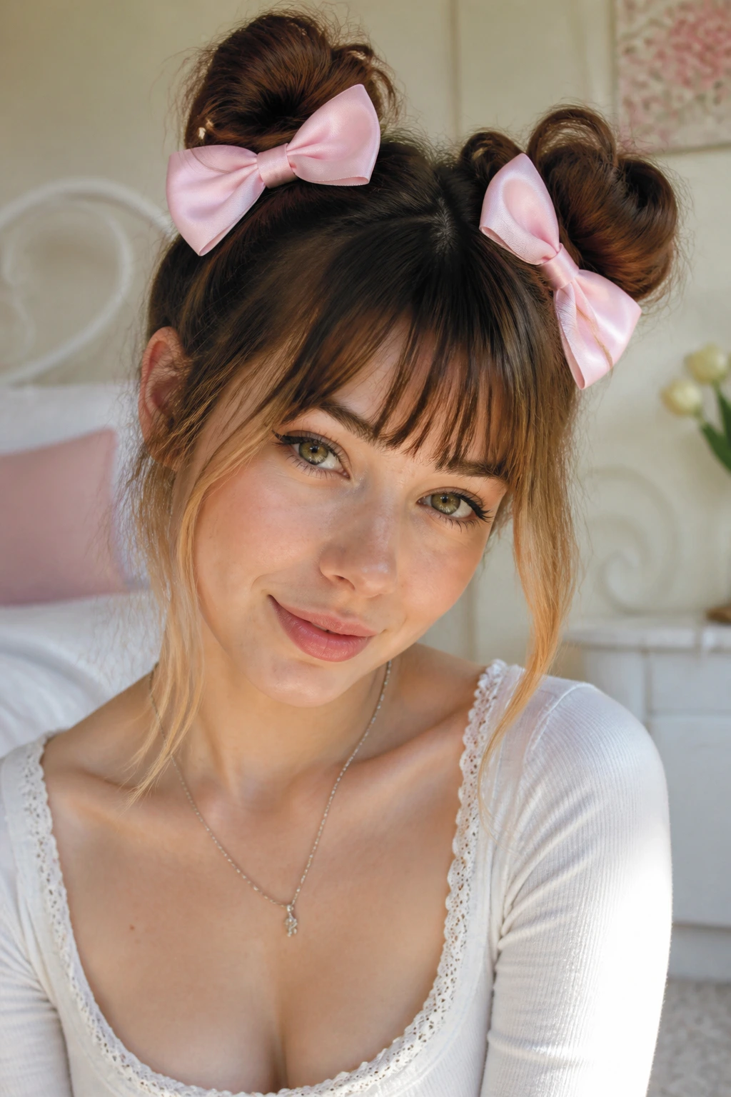 Close-up of a real person with two high pigtails and oversized bows
