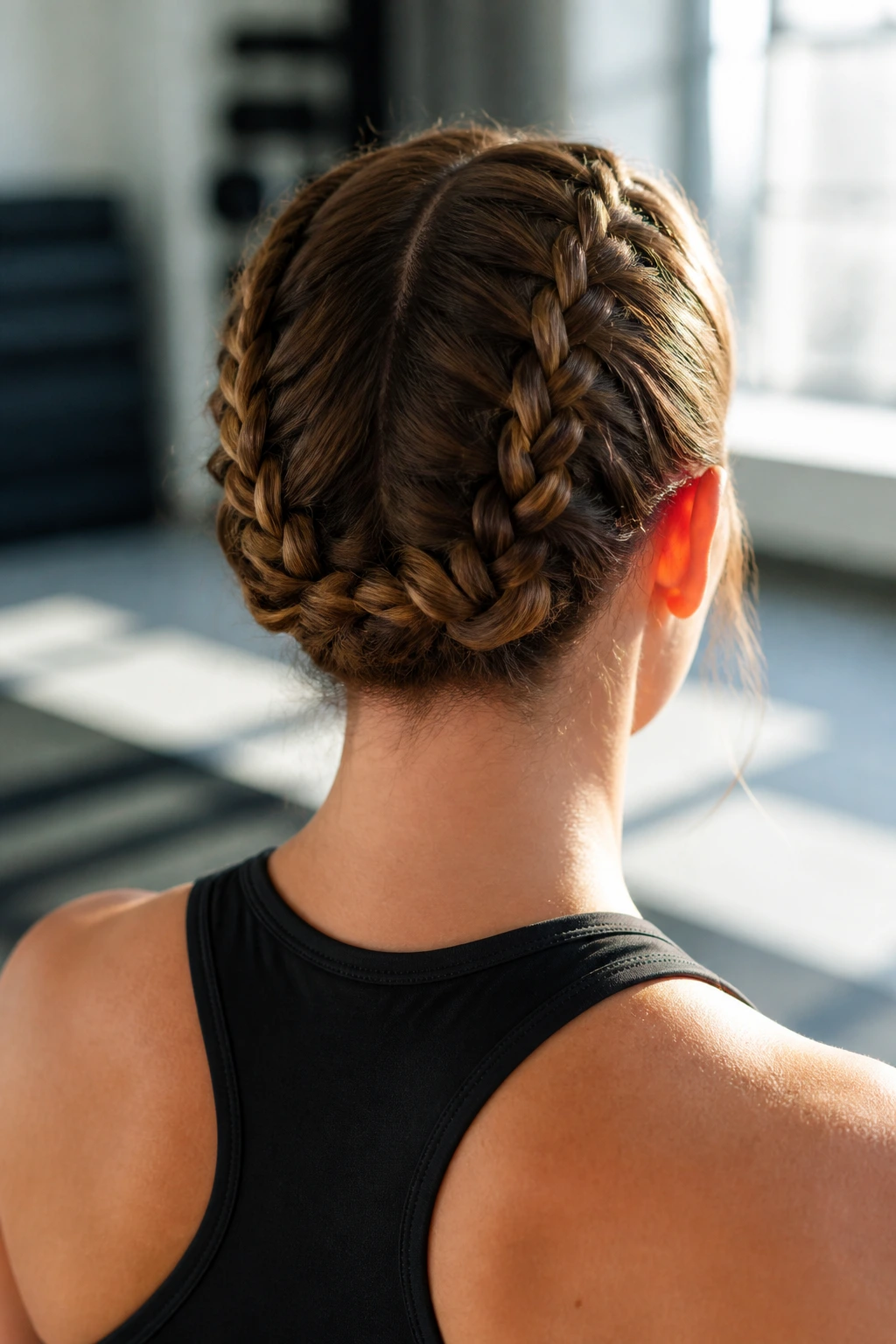 Back view of a real person with pigtail Dutch braids tucked under at the nape