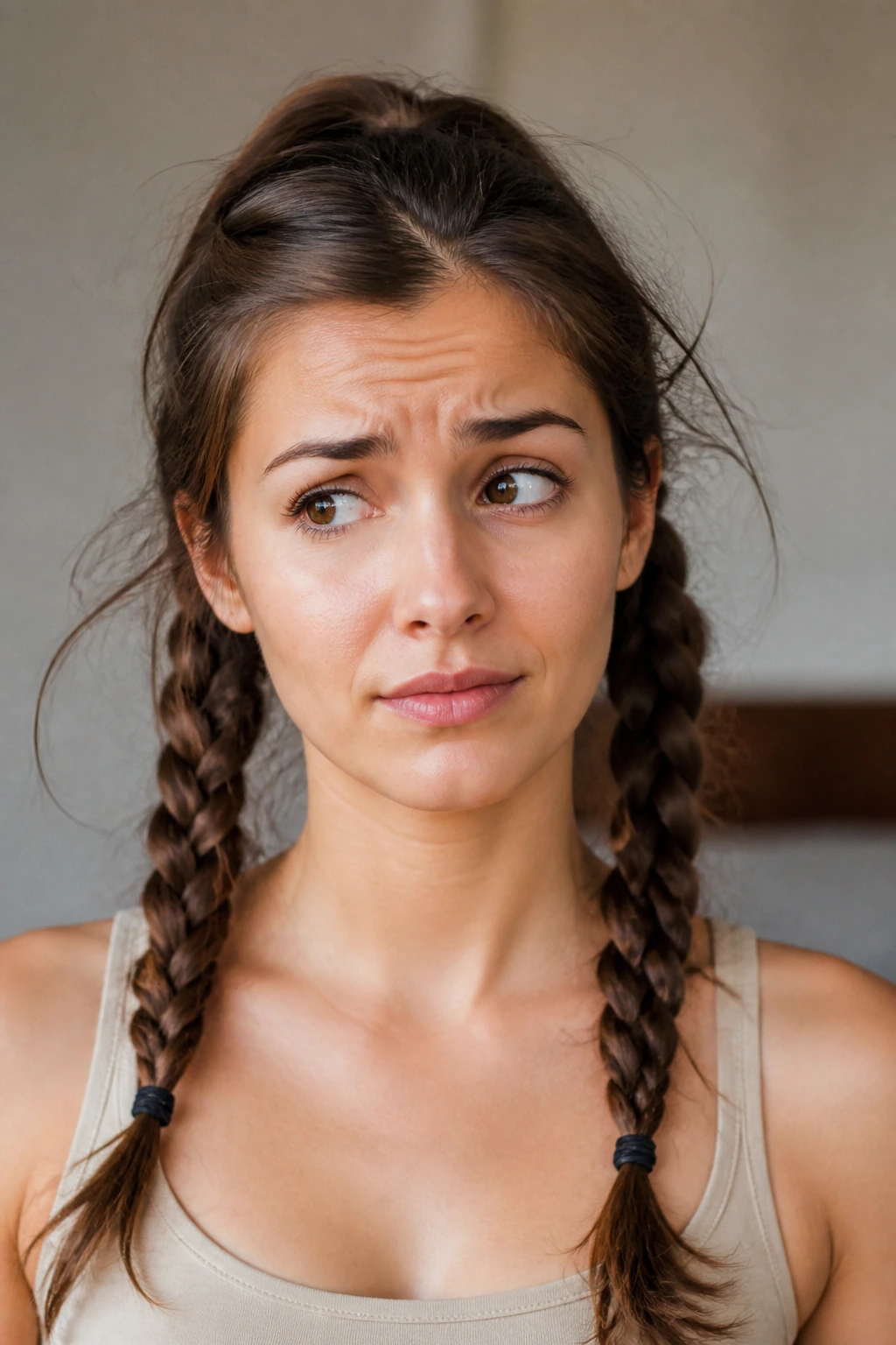 Real woman with uneven pigtail braids showing common braid mistakes