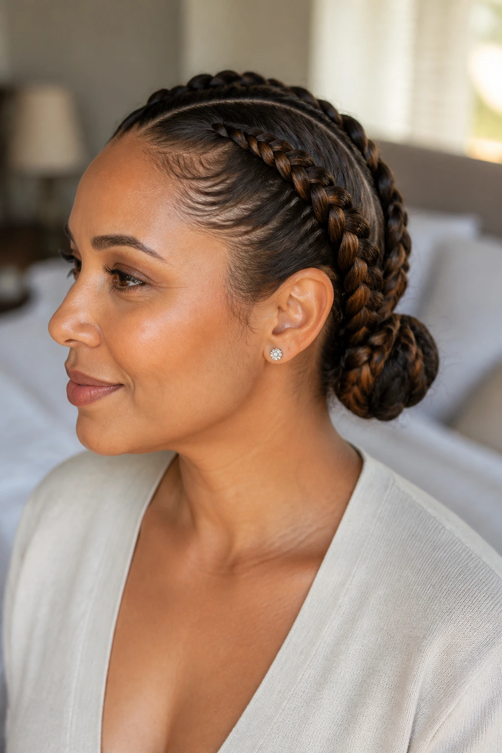 Close-up of a woman with two Dutch braids transformed into buns at the nape in natural window light