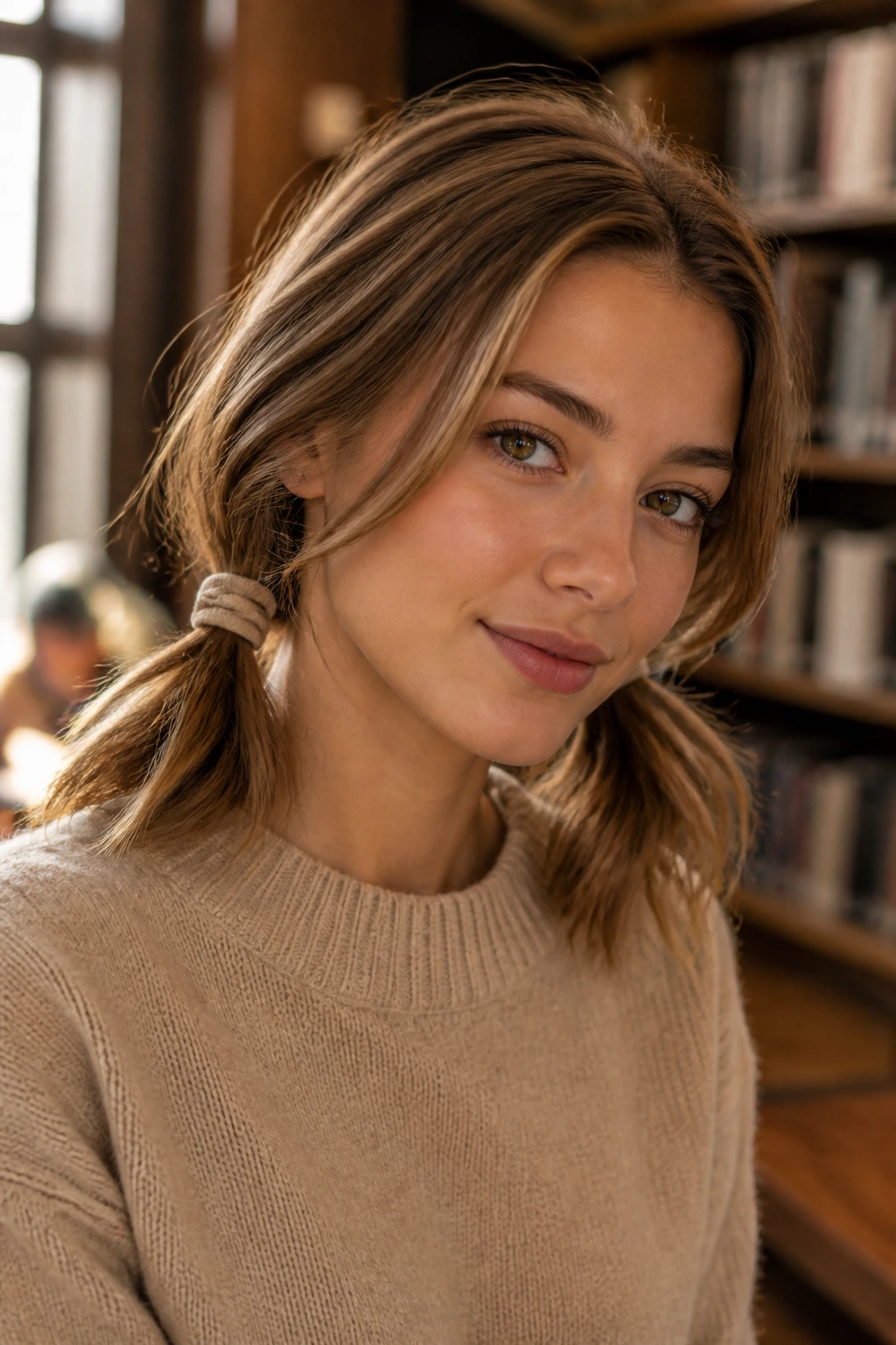 Real person with toasted hazelnut pigtails in library setting
