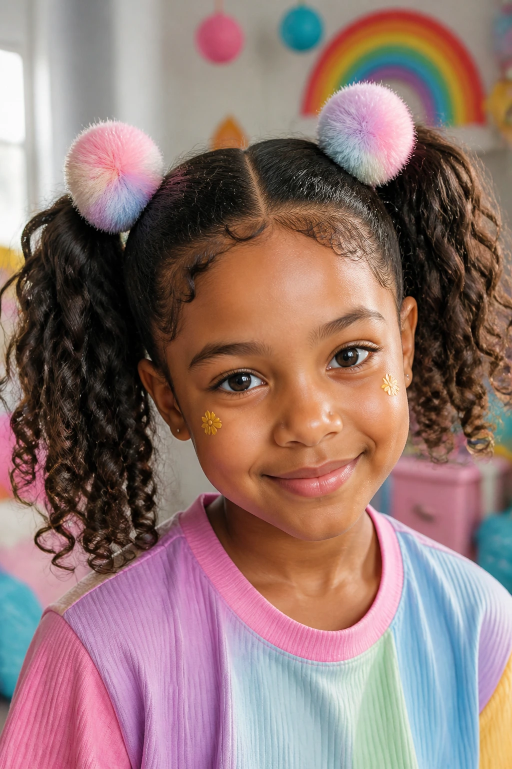 Close-up of real person with pigtails and fuzzy pastel pom-poms