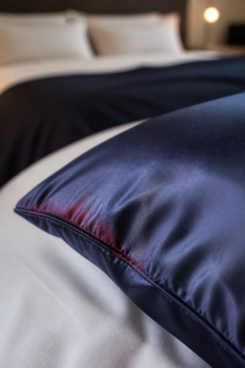 Close-up of navy pillowcase with wine color bleed
