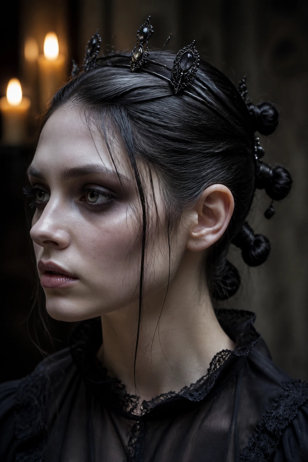 Close-up side-profile of a woman with pin-back hair and knotted back