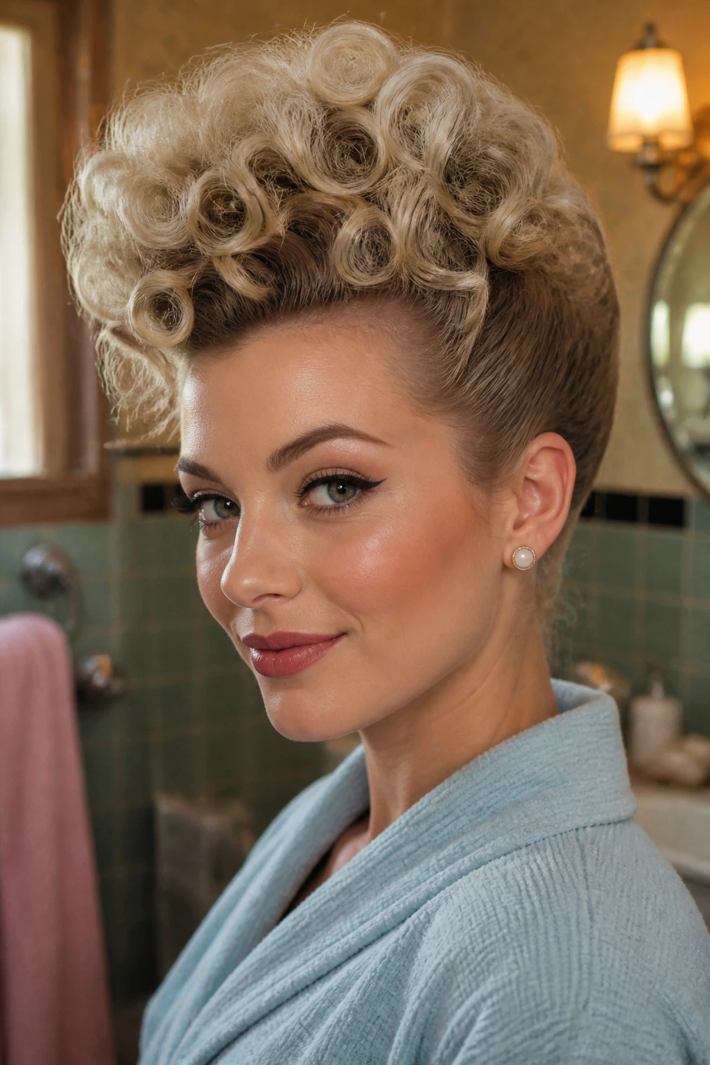Portrait of a real person with frosted pin-curled crown for vintage volume