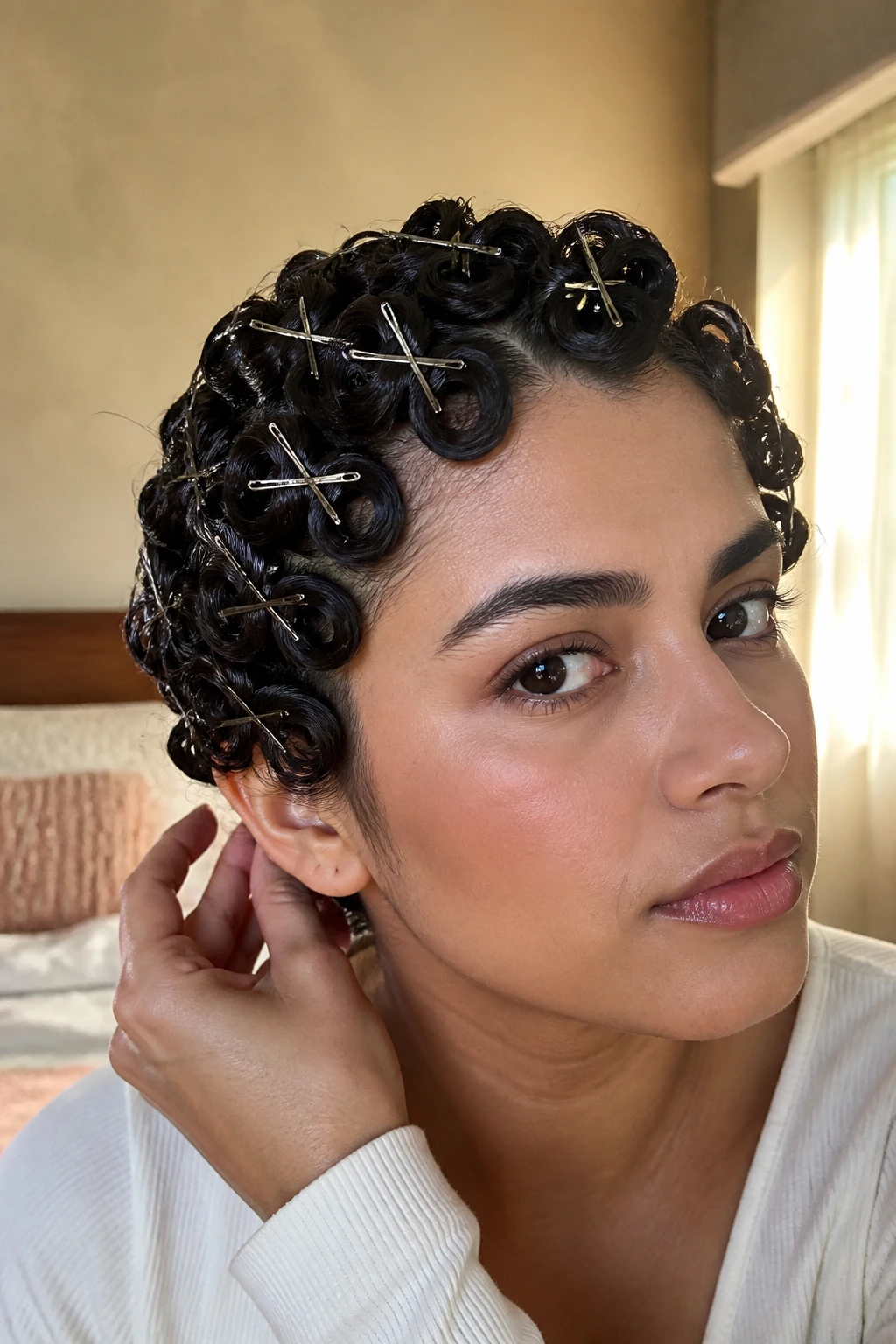 Close-up of a real woman with classic smooth roll pin curls pinned at the crown