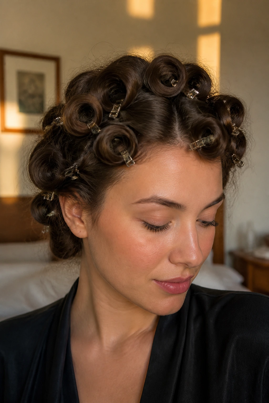 Real person with pin curls formed and secured with small clips.