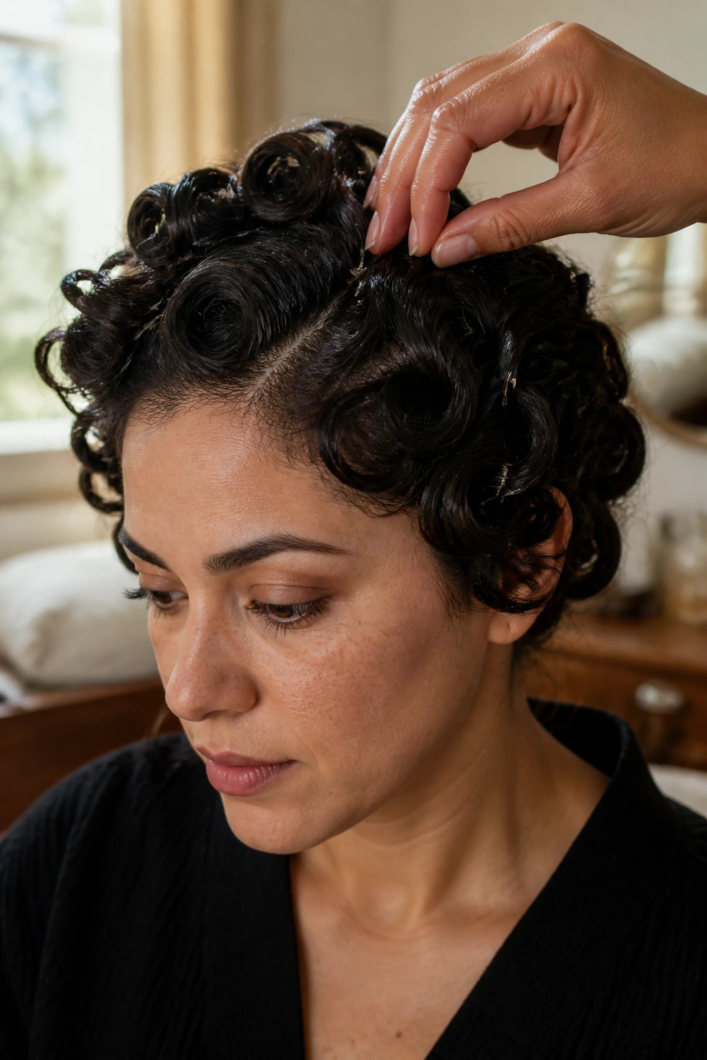 Portrait of a real woman with pin curls being refreshed