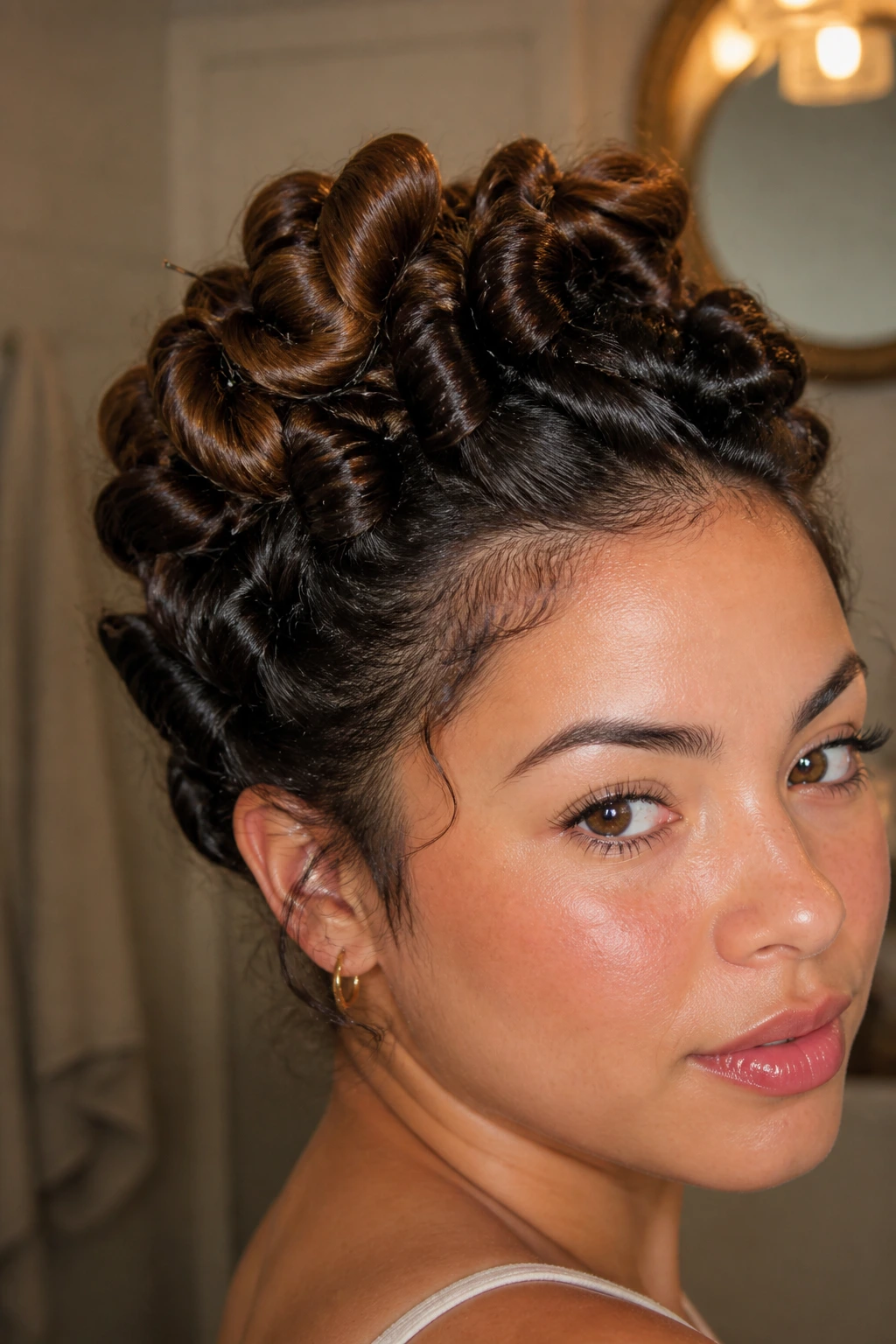 Close-up of a real woman with twisted rope pin curls pinned at the crown