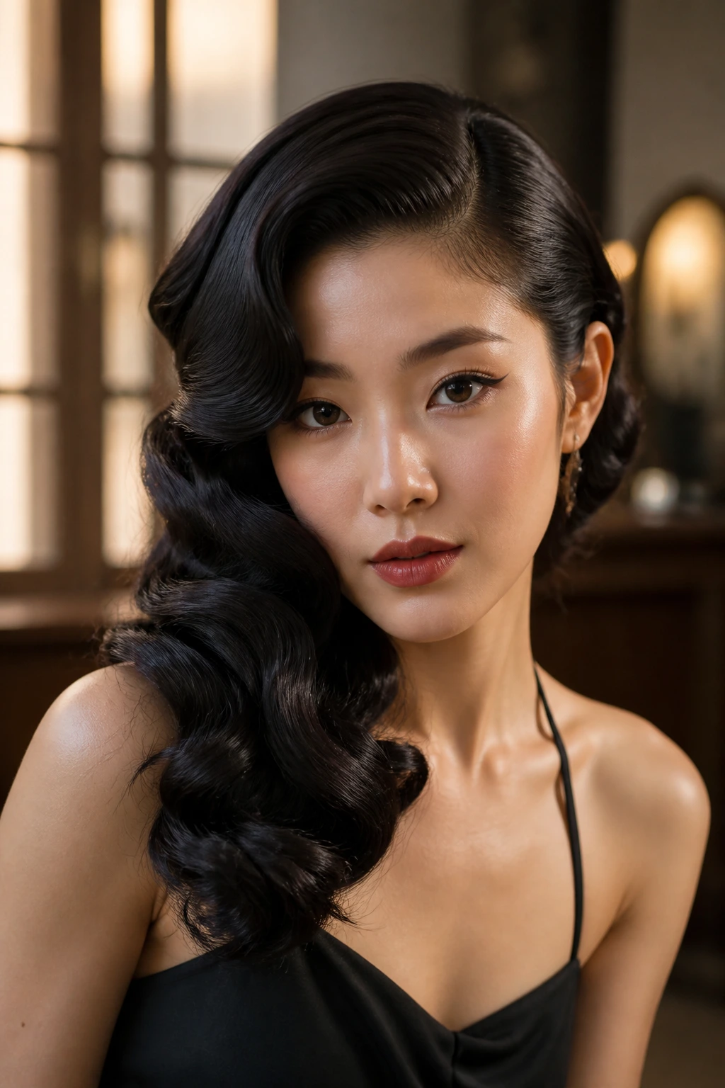Real woman with side-swept pin curls over one shoulder.