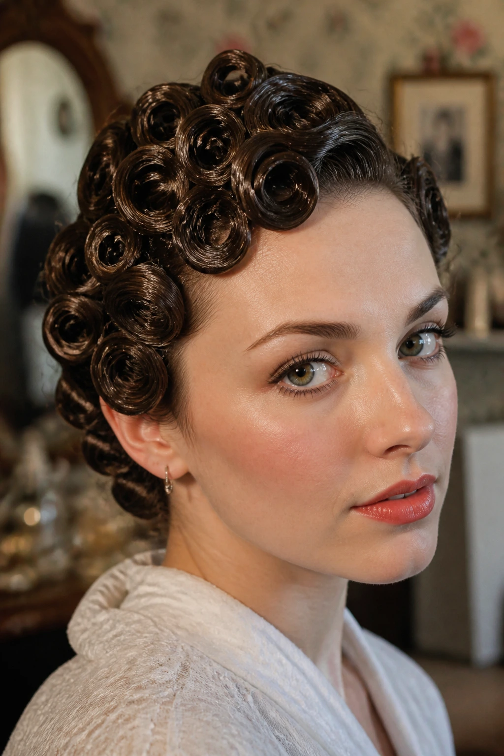 Close-up of a real woman with sculpted pin curls in a wet-set style
