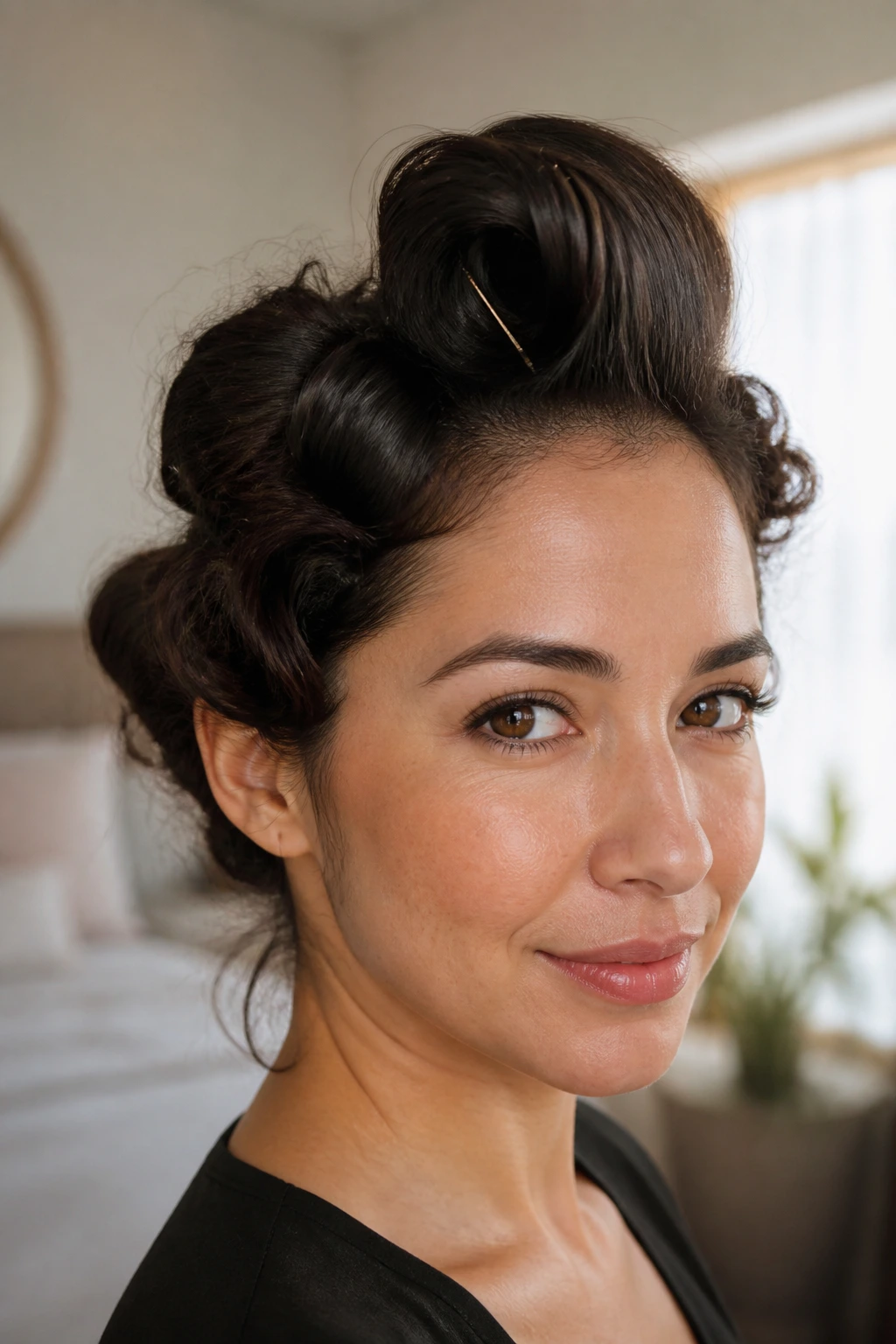 Close-up of a real woman with vertical crown pin curls for volume