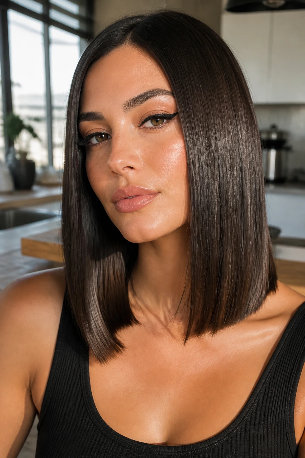 Real woman with pin-straight lob hairstyle