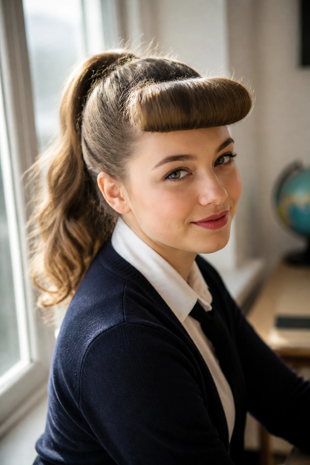 Close-up of a real student with pin-up bangs and a ponytail hairstyle