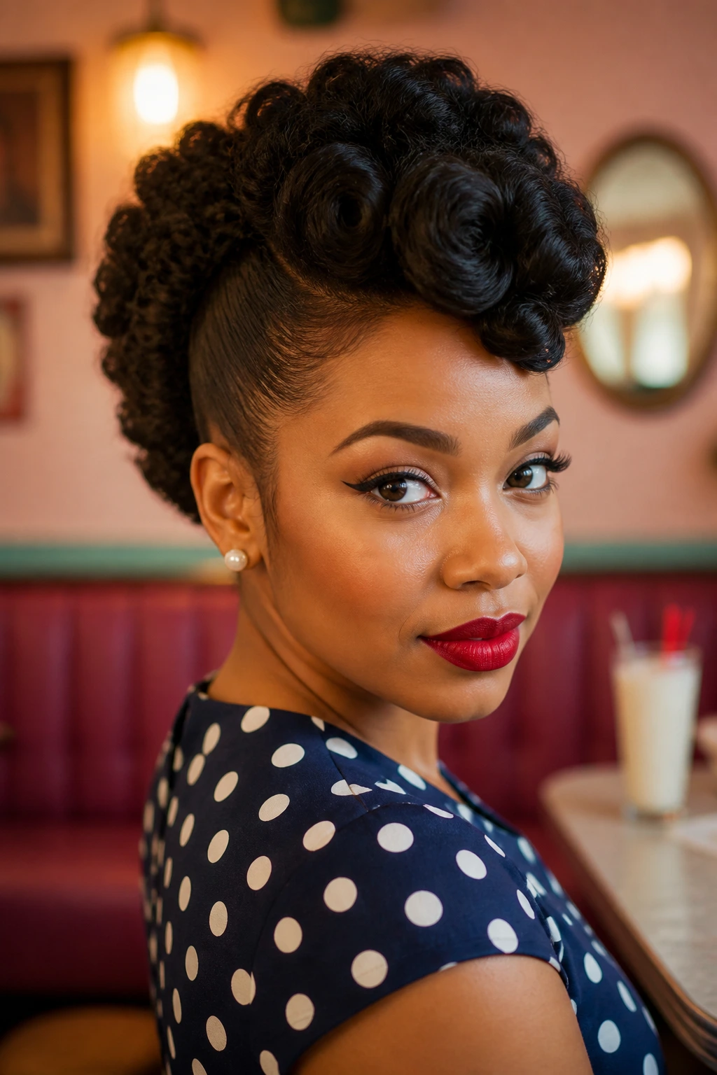 Close-up of a real woman wearing a retro pin-up roll hairstyle in a vintage cafe