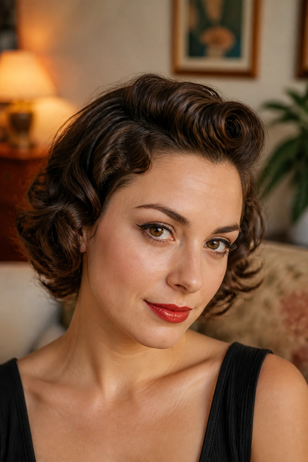Close-up of a front rolled-back soft roll with loose curls on a real person in a retro-toned room.