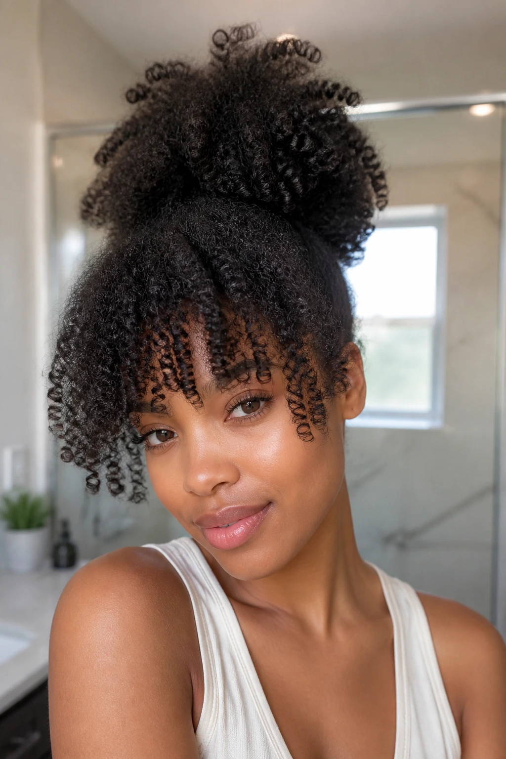 Close-up of a real woman with pineapple blowout and cascading front fringe in bright natural light