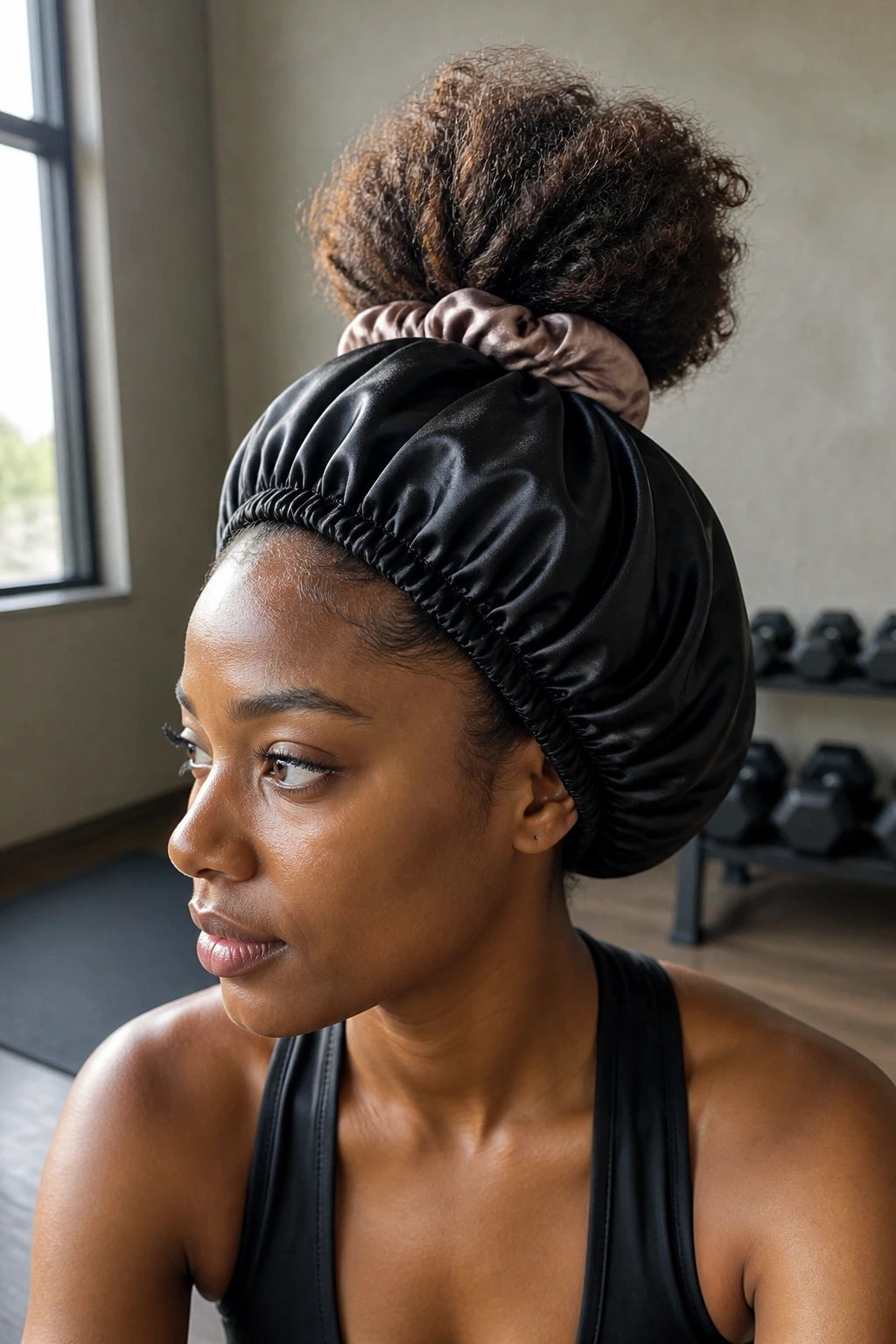 Close-up of a real woman with a high pineapple bun under a bonnet in a gym setting.