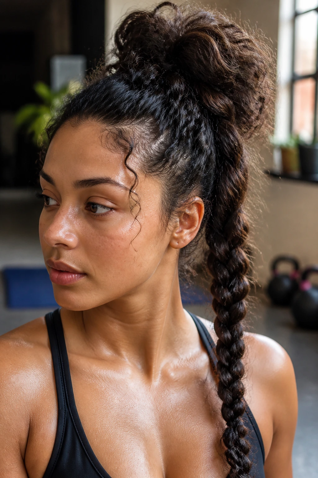 Close-up of a real woman with a high-volume pineapple braid in gym lighting.